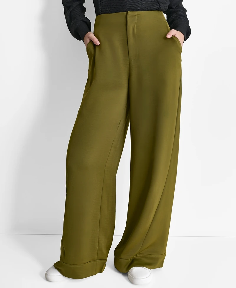Dkny Women's Glazed High Rise Seamed-Cuff Wide-Leg Pants