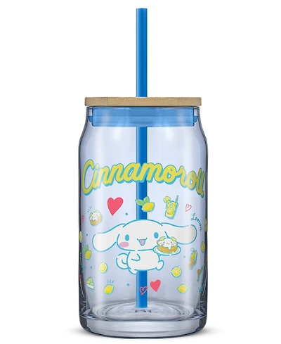 JoyJolt Hello Kitty and Friends Favorite Flavor Cinnamoroll Can Shaped Glass Tumbler with Wood Lid and Straw