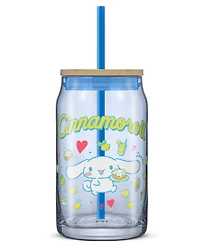 JoyJolt Hello Kitty and Friends Favorite Flavor Cinnamoroll Can Shaped Glass Tumbler with Wood Lid and Straw