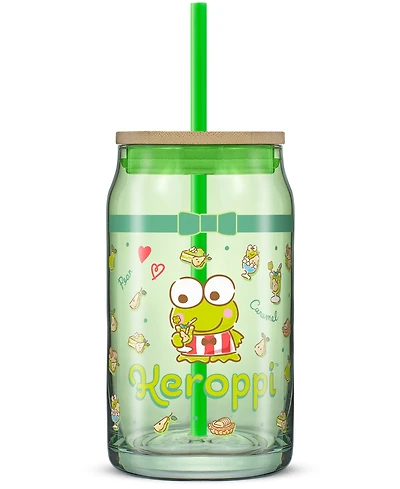 JoyJolt Hello Kitty and Friends Favorite Flavor Keroppi Can Shaped Glass Tumbler with Wood Lid and Straw