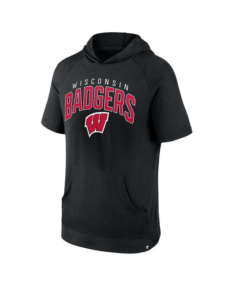 Fanatics Men's Black Wisconsin Badgers Double Arch Raglan Short Sleeve Hoodie T-Shirt