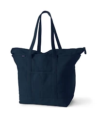 Lands' End Large Solid Color 5 Pocket Zip Top Long Handle Canvas Tote Bag