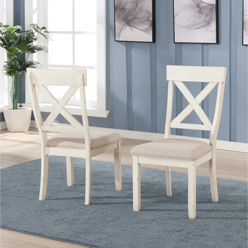 Simplie Fun Wood Cross Back Upholstered Dining Chairs, Set Of 2, Antique White
