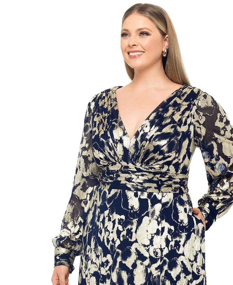Betsy & Adam Plus V-Neck Foil Mesh A-Line Dress