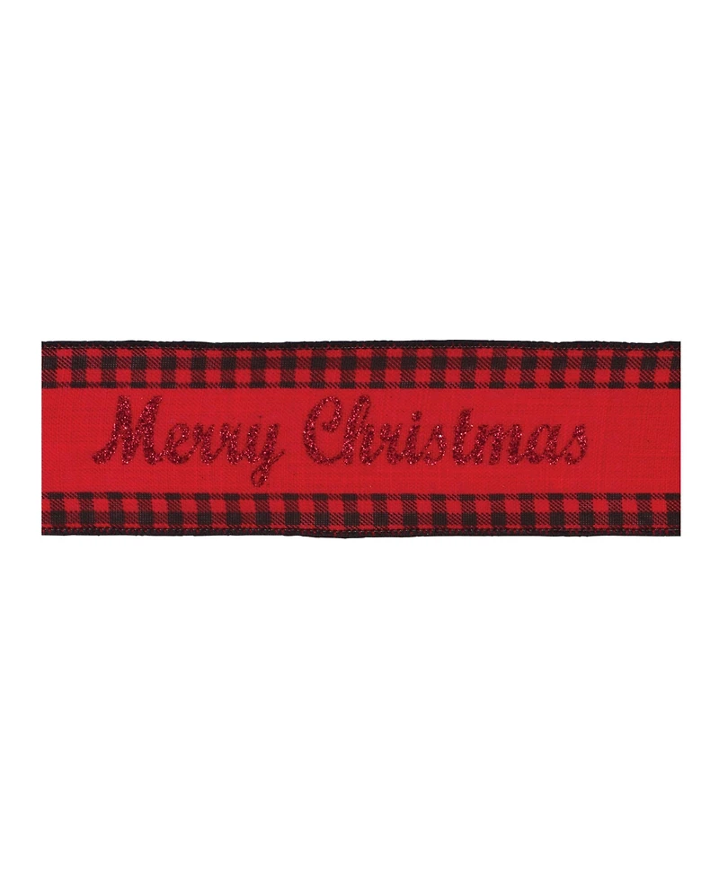 Slickblue Wired Merry Christmas Ribbon With Buffalo Plaid Accent (Set of 6)