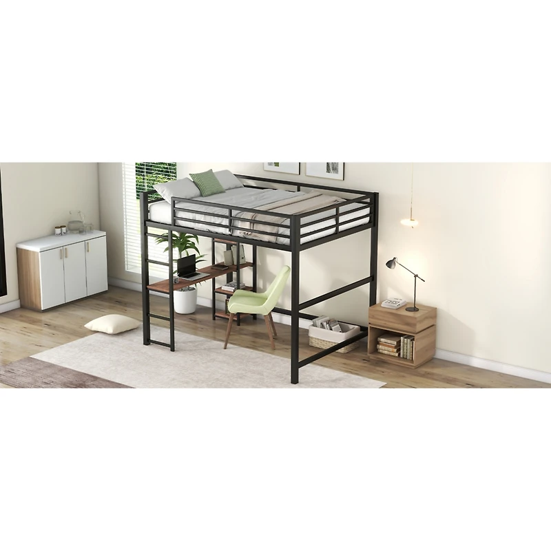 Simplie Fun Full Size Metal Loft Bed With Built-In Desk And Storage Shelves