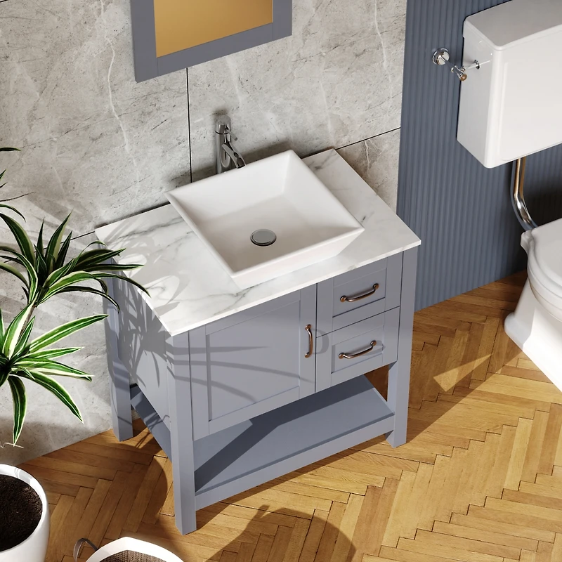 Streamdale 30" Gray Vanity with Mirror, Faucet, and Marble Top