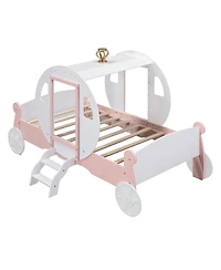 Simplie Fun Twin Size Princess Carriage Bed With Crown, Wood Platform Car Bed With Stair+Pink