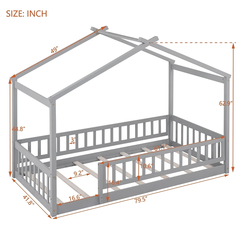 Streamdale Walnut Fence Bed House Frame for Kids and Teens