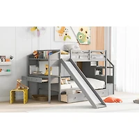 Streamdale White Twin Bunk Bed with Staircase, Slide, and Desk