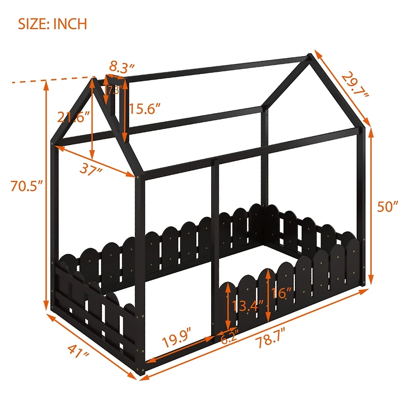 Streamdale Twin Wood Bed House Frame With Fence, For Kids, Teens, Girl