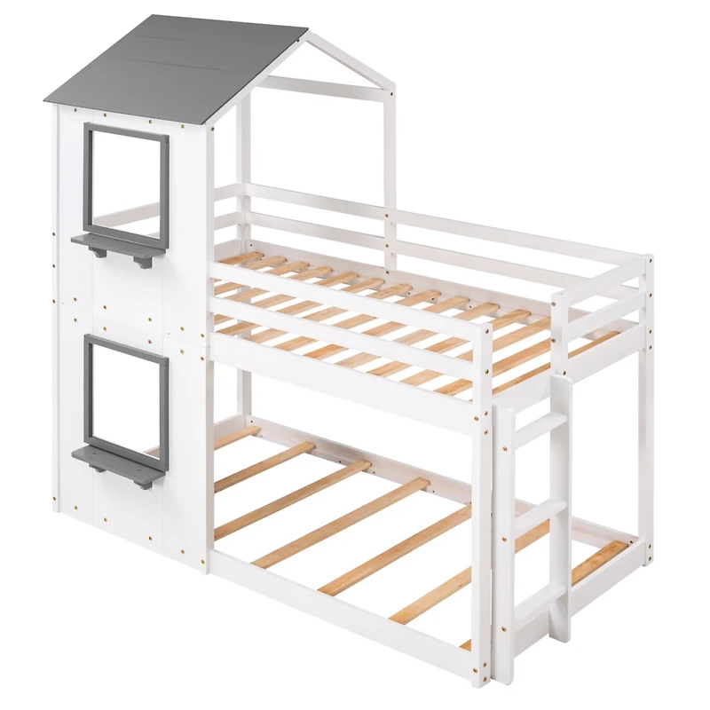 Streamdale Twin Over Bunk Bed Wood With Roof, Window, Guardrail, Ladder