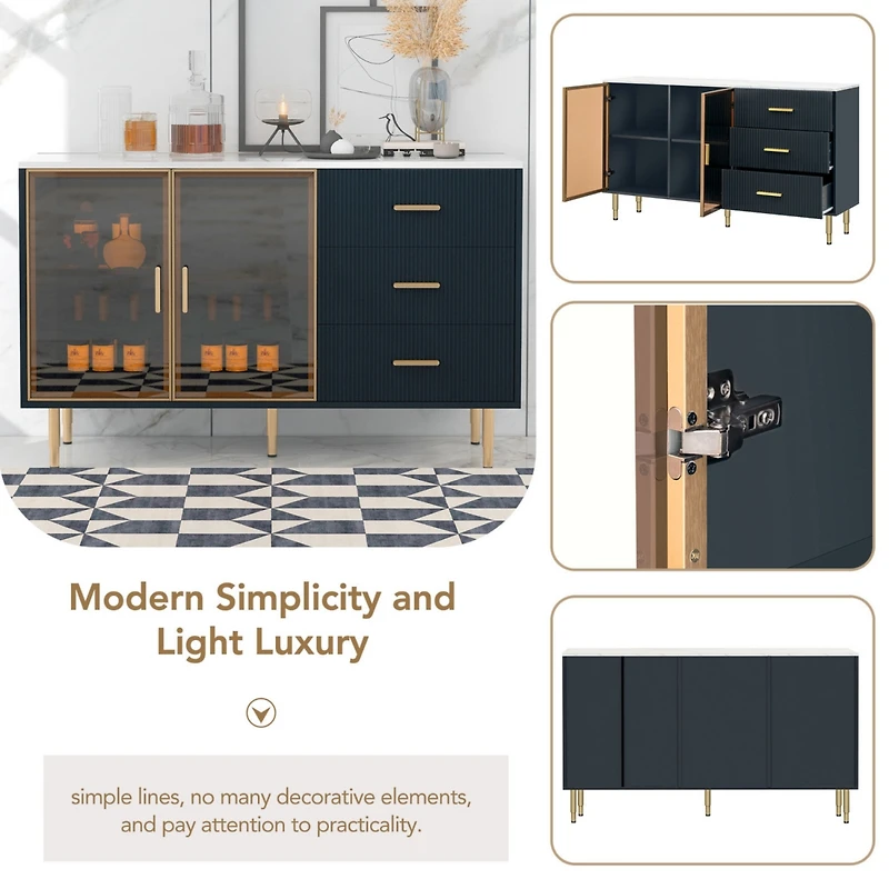 Simplie Fun Modern Mdf Buffet Cabinet with Glass Doors & Marble Top