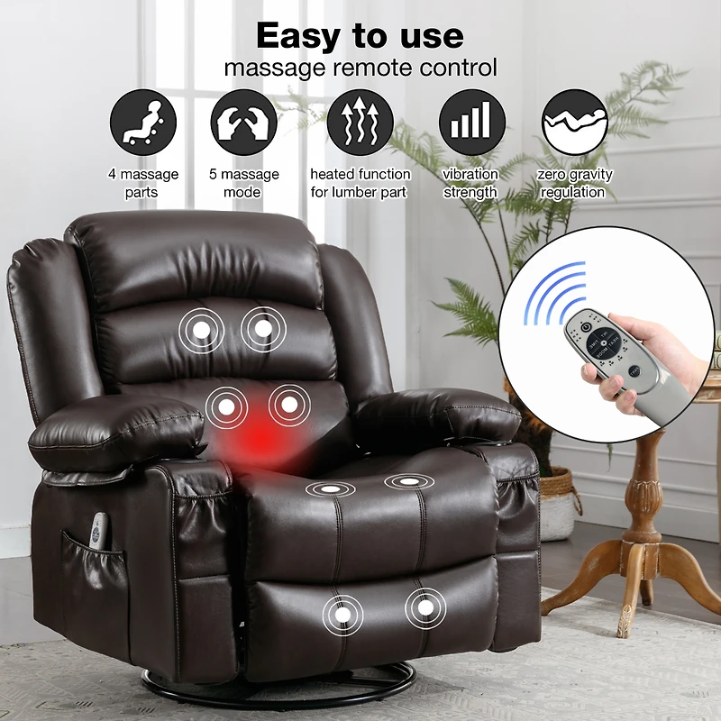 Streamdale Brown Swivel Rocker Recliner with Massage and Heat