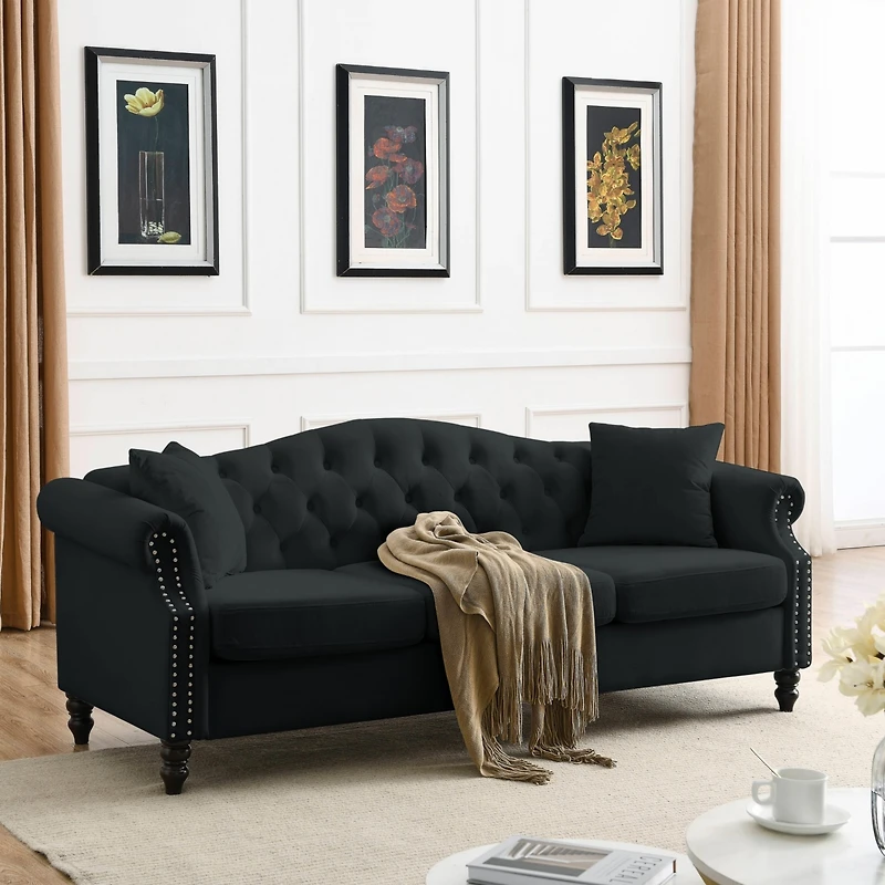 Streamdale Black Velvet 3-Seater Sofa with Rolled Arms & Nailhead