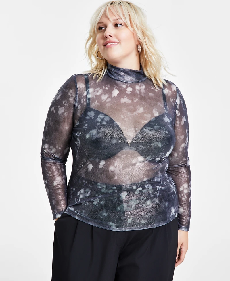 Bar Iii Trendy Plus Size Shine Mesh Mock-Neck Top, Created for Macy's