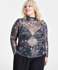Bar Iii Trendy Plus Size Shine Mesh Mock-Neck Top, Created for Macy's