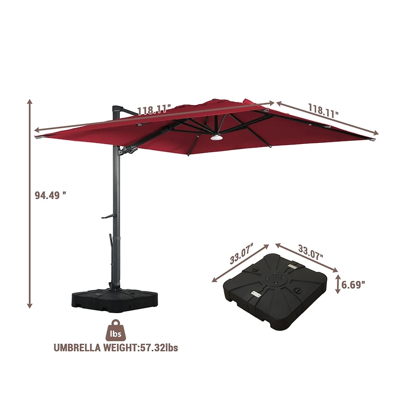 Mondawe 120" Square Cantilever Umbrella with Detachable Led Atmosphere Light and Bluetooth Player, w/ Weight Base Included