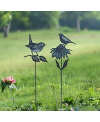 Slickblue Iron Metal Cut Out Bird And Flower Garden Stake (Set of 2)