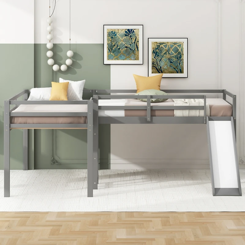 Simplie Fun L-Shaped Twin Size Loft Bed With Ladder And Slide, Gray