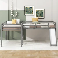 Simplie Fun L-Shaped Twin Size Loft Bed With Ladder And Slide, Gray