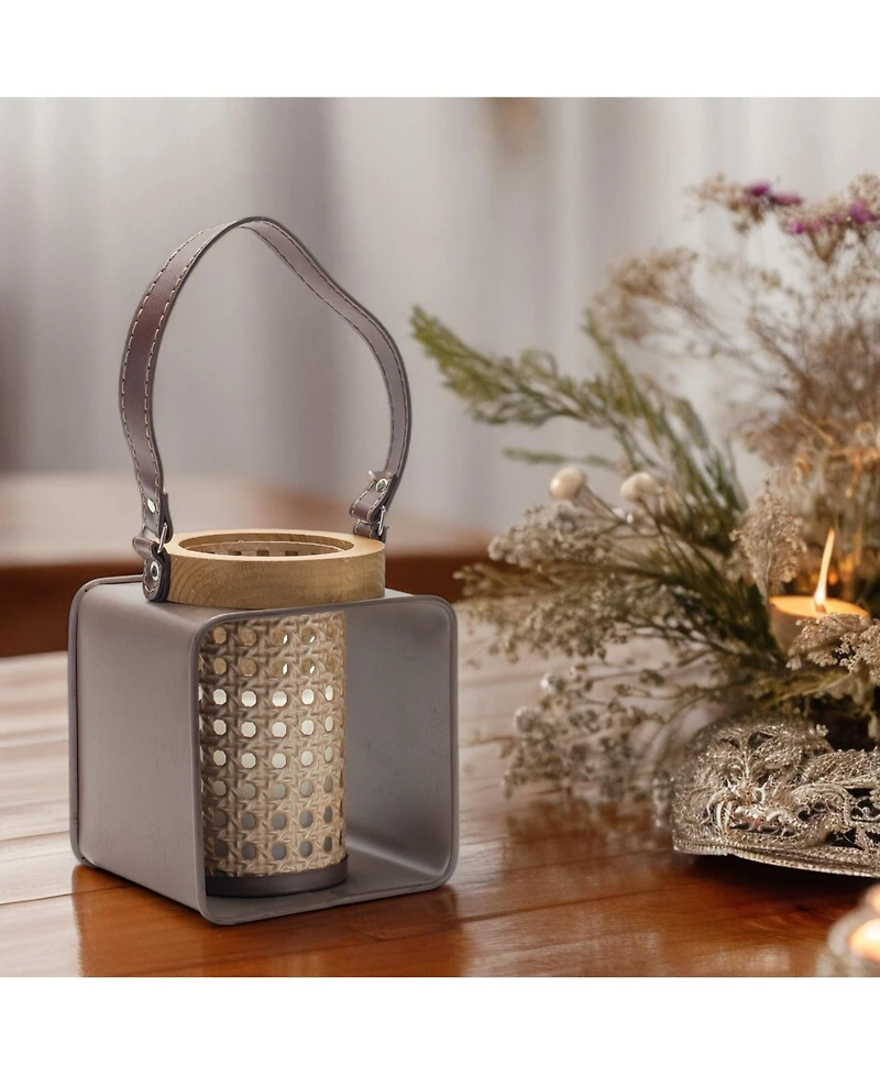 Slickblue Metal Candle Holder With Wood And Leather Accents