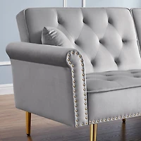 Streamdale Furniture Grey Velvet Tufted Sofa Couch with 2 Pillows and Nailhead Trim