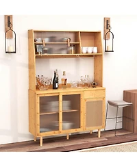 Bamboo Buffet Cabinet Wine Bar Pantry Cupboard Sideboard with Rattan Sliding Door