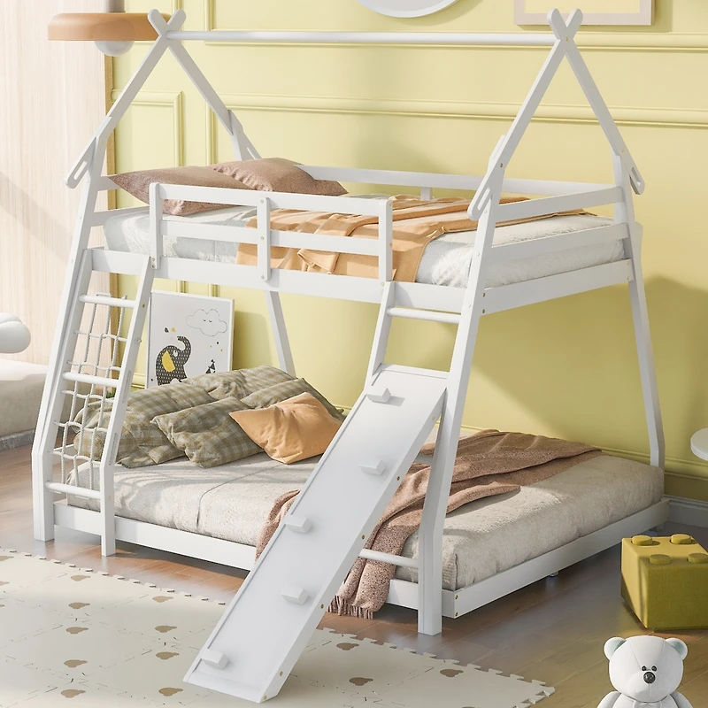 Streamdale Twin Over Queen House Bunk Bed With Climbing Nets And Ramp