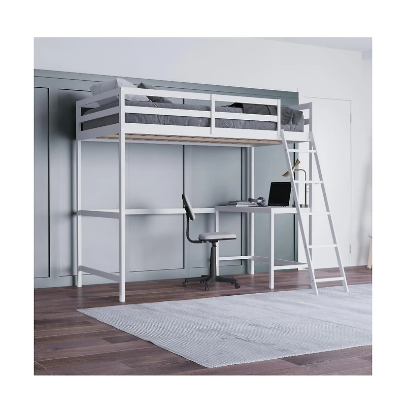 Emma+Oliver Ridley Twin Wood Loft Bed Frame With Protective Guardrails And Integrated Desk Ladder For Use Any 6-8" Thick Mattress