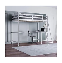 Emma+Oliver Ridley Twin Wood Loft Bed Frame With Protective Guardrails And Integrated Desk Ladder For Use Any 6-8" Thick Mattress