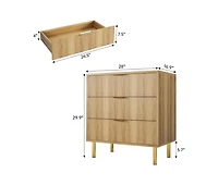 Idealhouse Wood color 3 Drawer Dresser for Bedroom, Wood Dresser with Metal Legs, 30” Tall Dresser Organizer, Modern Chest of Drawers, Large Dr