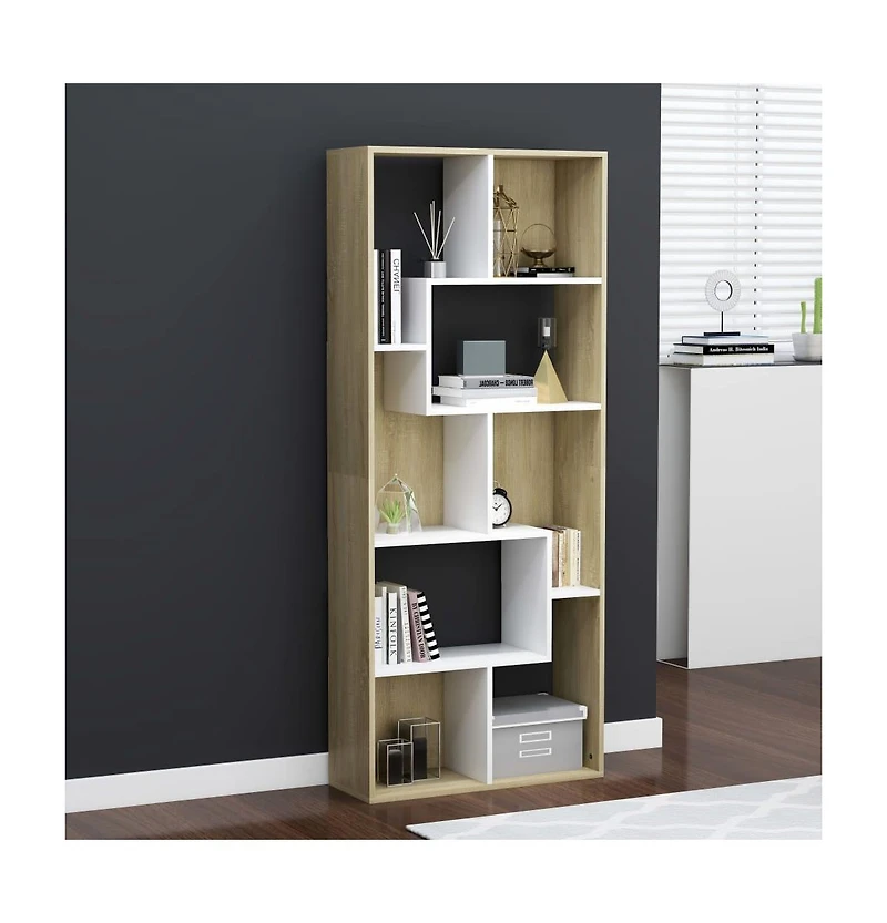 Book Cabinet White and Sonoma Oak 26.4"x9.4"x63.4" Engineered Wood