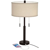 Franklin Iron Works Bernie Industrial Table Lamps 25" High Set of 2 Rich Bronze with Usb Charging Port Tan Drum Shade for Bedroom Living Room Bed