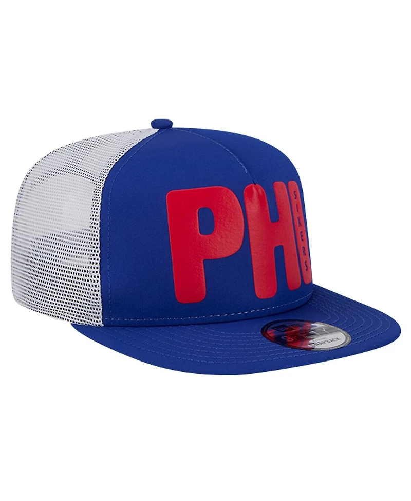 New Era Men's Royal Philadelphia 76ers Puff Print Team Code A-Frame 9FIFTY Trucker Snapback Hat