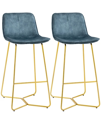 Homcom Tall Bar Stools, Set of 2, Velvet-Touch Fabric Bar Chairs, 25.5" Bar Height Stools with Gold-Tone Metal Legs for Dining Area, Home Bar, Blue