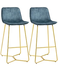 Homcom Tall Bar Stools, Set of 2, Velvet-Touch Fabric Bar Chairs, 25.5" Bar Height Stools with Gold-Tone Metal Legs for Dining Area, Home Bar, Blue