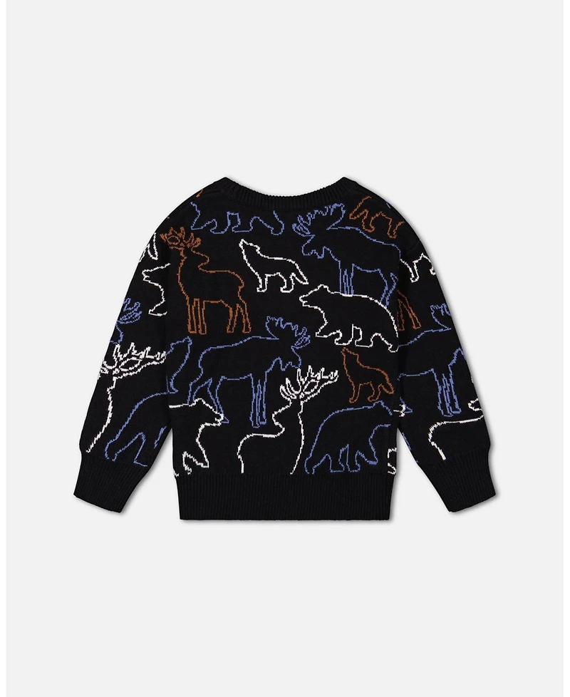 Deux par Deux Big Boys Sweater With Intarsia Animal Forest Black