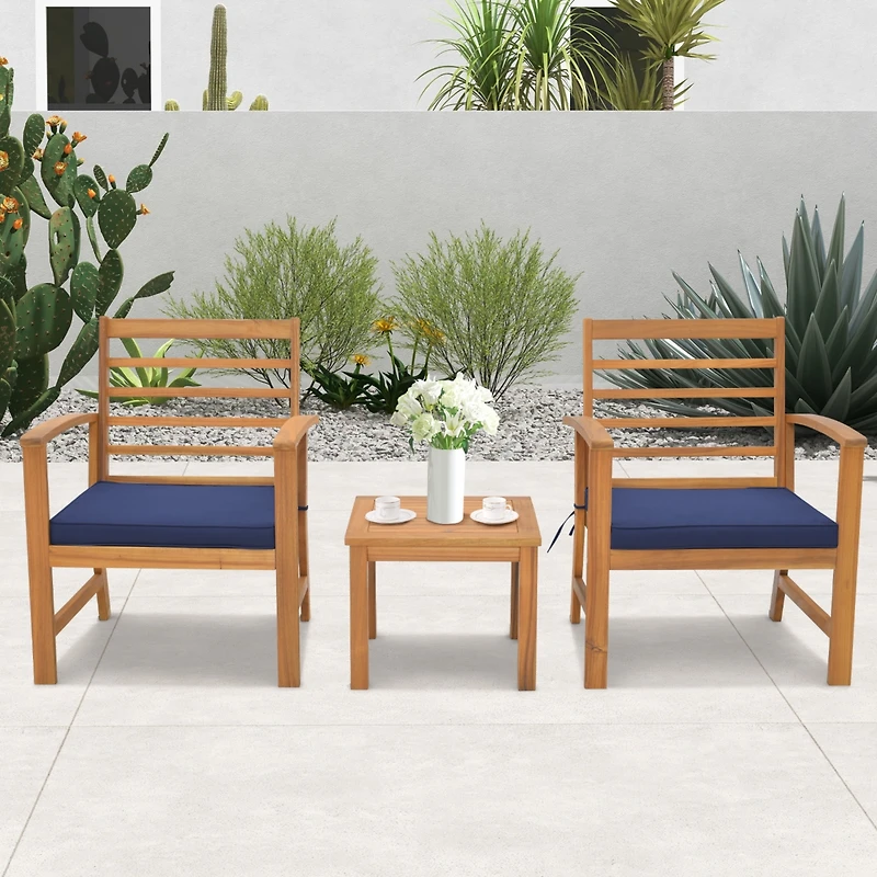 Gymax 3PCS Furniture Set Acacia Wood Conversation Set w/ Soft Seat Cushions Outdoor