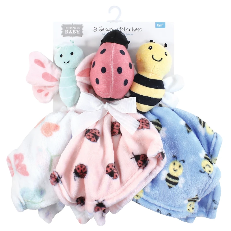 Hudson Baby Girls Animal Face Security Blanket, Butterfly 3-Pack, One