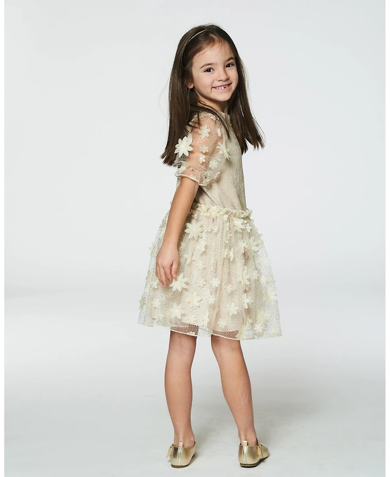 Deux par Deux Big Girls Elbow Sleeve Dress With Tulle Skirt Glittering Beige