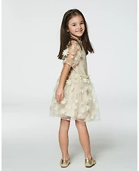 Deux par Deux Big Girls Elbow Sleeve Dress With Tulle Skirt Glittering Beige