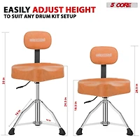 5 Core Drum Throne with Backrest Thick Padded Adjustable Guitar Stool Motorcycle Style Saddle Music Chair Seat for Adult Drummers