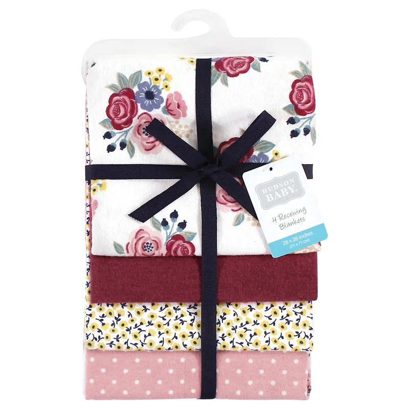 Hudson Baby Infant Girls Cotton Flannel Receiving Blankets, Pink Tulips, One