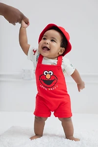 Sesame Street Toddler Boys Elmo French Terry Short Overalls T-Shirt and Hat 3 Piece Outfit Set Newborn to