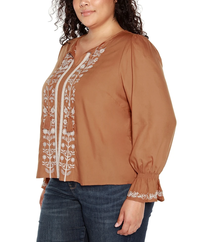 Belldini Black Label Plus Size Tie-Neck Embroidered-Front Blouse