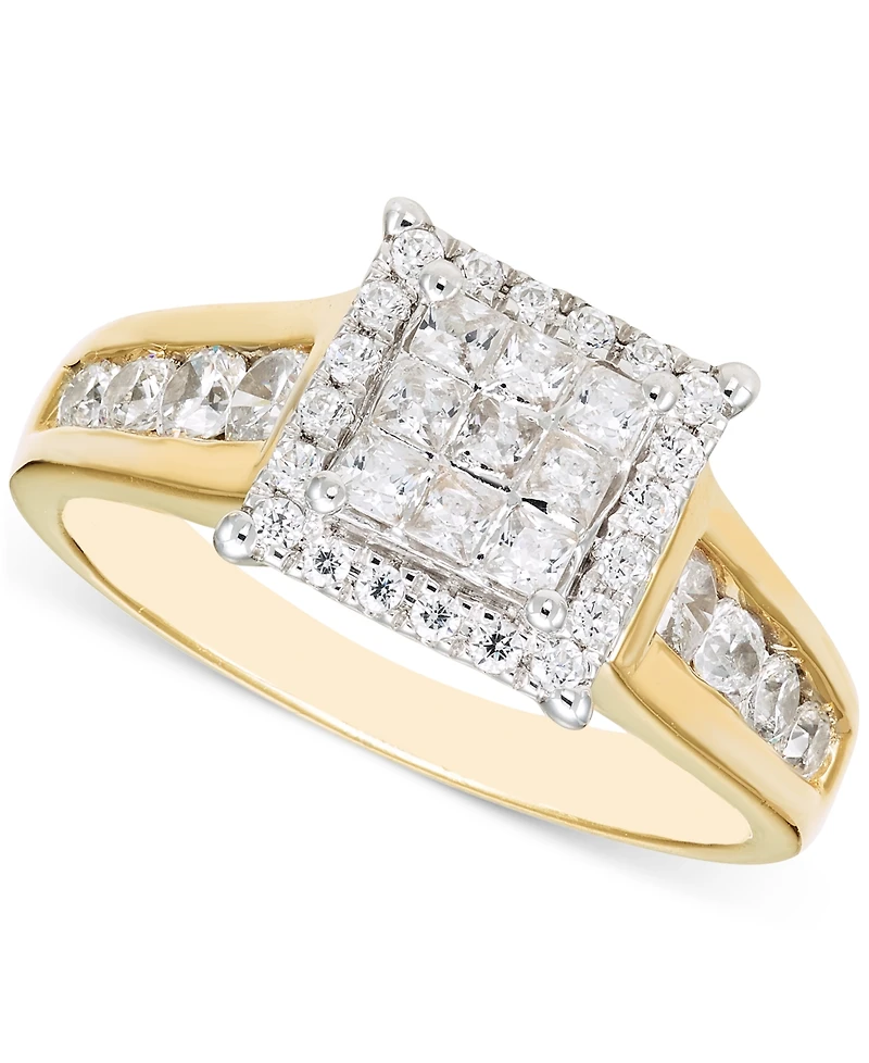 Diamond Princess & Round Square Halo Cluster Ring (1 ct. t.w.) in 14k Two-Tone Gold