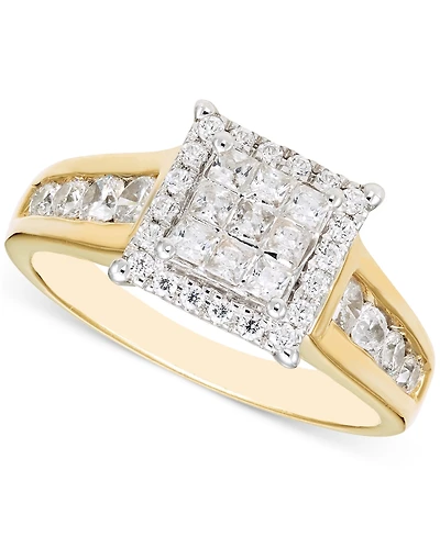 Diamond Princess & Round Square Halo Cluster Ring (1 ct. t.w.) in 14k Two-Tone Gold