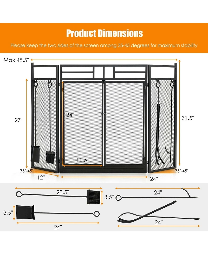 Sugift 3-Panel Folding Wrought Iron Fireplace Screen with Doors and 4 Pieces Tools Set