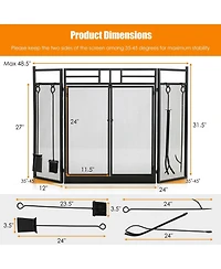 Sugift 3-Panel Folding Wrought Iron Fireplace Screen with Doors and 4 Pieces Tools Set